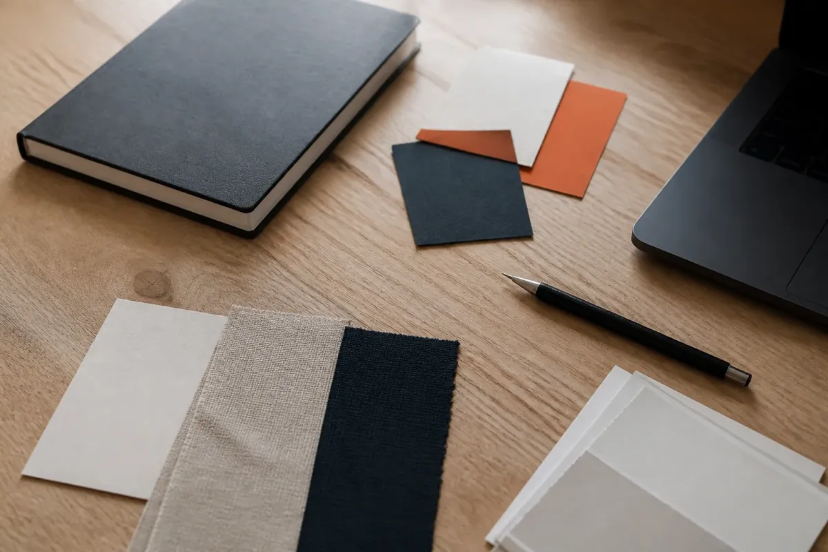 Papier-, Stoff- und Farbmuster auf einem Arbeitstisch